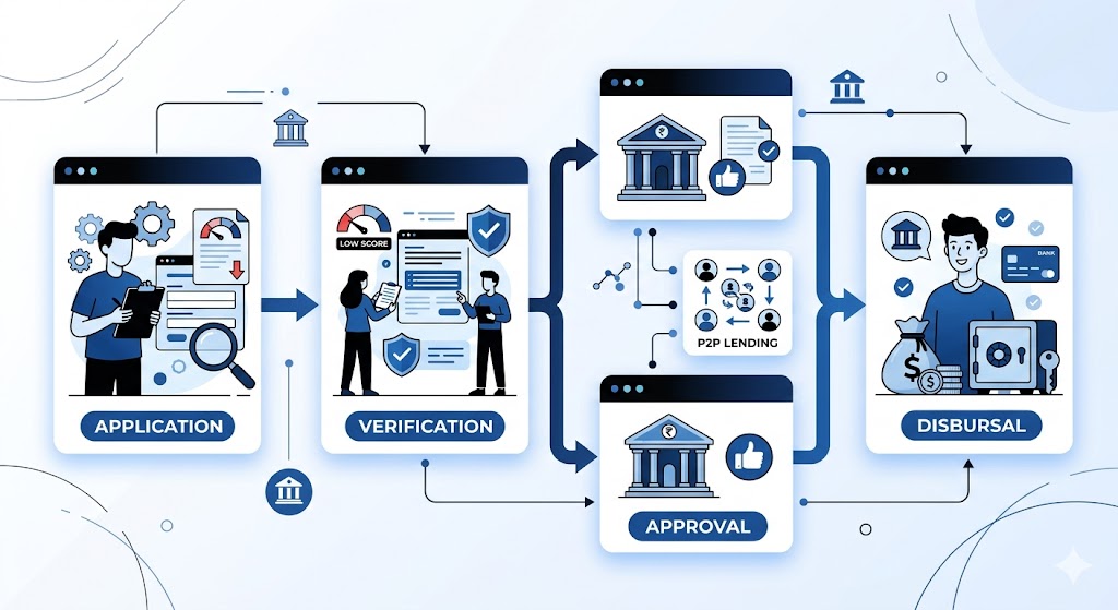 A clean infographic-style visual showing the journey of getting a personal loan with low CIBIL score, steps like application, verification, approval, and disbursal represented with icons and minimal characters, subtle elements like bank, NBFC, and P2P connections, modern UI cards and flow arrows, sleek minimal design, color palette deep blue, light blue, black and white, soft shadows, professional flat design style, high clarity, no text, balanced composition